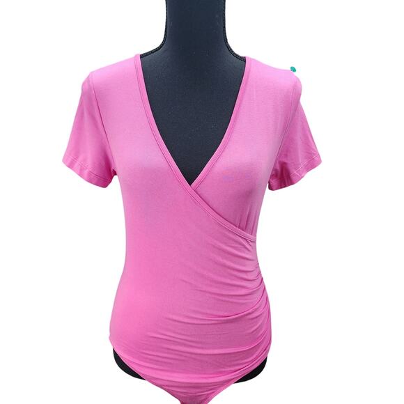 NWT Mangopop Womens Bodysuit Small Pink Crossover V Neck Cap Sleeve Top - Picture 2 of 12